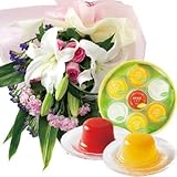 花とスイーツ ギフトセット 豪華 ユリ ピンクバラ 花束 と 瀬戸内素材の体にやさしいゼリー ７個 写真入りメッセージカード