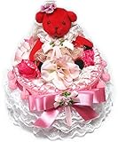 フリル白レース、ピンクリボン、お花、赤いくまさん等を飾したキュートでコンパクトな円形のおむつケーキ/ボックスタイプ (ピンク)【ノーブランド品】
