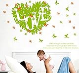 bibitime Valentines Day大きな「Love」で非表示グリーン葉ハートビニール壁デカールフライングバタフライ壁ステッカーfor Girlfriend寝室子供部屋アート壁画の装飾