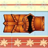Janna Salak Designs Tikiマスク – Wood Grain Tropical Tikiマスク – ハワイアン花レッドとブルー – タイル 8-Inch-Ceramic レッド c