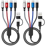 マルチ充電ケーブル 6 in 1、マルチ充電ケーブル 2 パック-6FT 編組マルチ USB ケーブル 3A ユニバーサル複数電話充電器コード 携帯電話/タブレット用 Type-C、Micro USB ポート付き USB A/C コネクタ