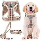 PUPTECK 犬 ハーネス リード セット 犬用 胴輪 ソフト マジックテープ付き 反射素材付き ペット用品 はーねす 引っ張り防止 抜けない 喉に優しい 調節可能 着脱簡単 軽量 メッシュ 快適 通気 手洗い 耐久性 安全 散歩 しつけ 訓練 老犬介護 人気 可愛い おしゃれ 超小型犬 小型犬 中型犬 大型犬（カーキ チェック、Sサイズ）