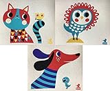 スウェーデンWash Cloth / Dishcloth、Helen Dardikモダンレトロターコイズ+赤 – セットof 3 :フクロウ+犬+猫