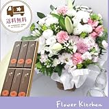 お供え線香セット 旬のおまかせお供えアレンジ12850円 カラーはおまかせミックス淡い色合い＋【東北復興支援線香】花は咲くフローラルの香りのお線香