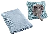 Elwin Elephant Shaggy Pillow and Blue Knit Soft Nursery Blanket by bebe