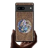Carveit 木製 カバー 対応 Google Pixel 8 ケース, 手でインレイ/象嵌 綺麗な貝張り+ブラックソフトTPU 内部シェル, 耐衝撃 ピクセル 8 ケース（6.2インチ）, 対応 ワイヤレス充電器 Pixel 8 保護 カバー レーザーアート彫刻 グーグルピクセル 8 ウッド ケース (ウォールナット-日本のオオカミ陰陽スタイル)