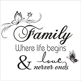 Family Where Life Begins and Love Never Ends Quote Decors Wall Saying Decals Quote for Home Wall Sti