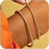 MBW Gold Bracelets for Women, Dainty 14K Gold Plated Bracelet Stack Gold Beaded Bracelet Set Waterproof Paperclip Chain Stack