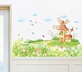 BIBITIME Green Grassland House Windmill Decal Sticker Nursery Flying Butterfly Blue Cloud Sky Paper 