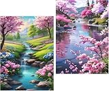 Amyaker ダイヤモンドアート キット 四角いビーズ 全面 2個セット ダイアモンドビーズ絵画キット DIY 手作り絵画 モザイクアート 5D モザイクアート ダイヤモンド塗装 全面貼り付けタイプ 30x40cm 川沿い桜