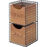 ワイヤー木製ラック2段 スチール/木製 引き出し収納BOX付き BR ブラウン (インテリア家具) 【完成品】