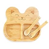 La Boos Children Feeding Set (Plate and Utensils), Natural Bamboo, Cheery Kitten by la-boos