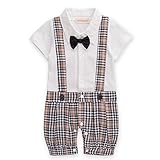 ARAUS　ベビー　ロンパース　紳士服　フォーマル　スーツ　蝶ネクタイ　グリッド　ビブ　半袖　ビブ　男の子　子供服　春　夏（3－18ヶ月用） (6－12ヶ月, ホワイト)