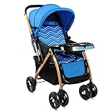 ベビーベビーカー、軽量折りたたみ四輪車、座って、横たわる、高炭素鋼ボディ、スーパーショックアブソーバ ( Color : Blue )