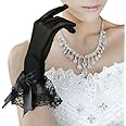 （Baoxinjp）手袋 レディース ショート ウエディング グローブ リボン レース手袋 結婚式 無地 シルク手袋 フリーサイズ 薄手 夏用手袋 パーティードレス用 花嫁用品 礼装用手袋 黒