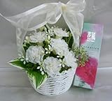 お仏壇のお供え 仏花 清華せいか かごに入った白いカーネーションのアレンジ プリザーブドフラワーと日本香堂の薫り高いお線香のセット