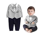 ツバメ--屋　ベビー服 スーツ風 ロンパース 赤ちゃん カバーオール 新生児 長袖 春秋着 子供服 蝶ネクタイ キッズ フォーマル 男の子 出産祝い 写真撮影 (70, グレー)