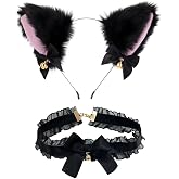 [ZUNNY HJERBOF] 猫耳 カチューシャ 2点セット 鈴付き リボン付き かわいい ねこ耳 ねこみみ 黒猫 ふわふわ コスプレ 仮装 小物 ヘアアクセサリー ヘッドバンド イベント 学園祭 ハロウィン