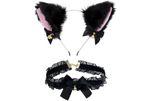 [ZUNNY HJERBOF] 猫耳 カチューシャ 2点セット 鈴付き リボン付き かわいい ねこ耳 ねこみみ 黒猫 ふわふわ コスプレ 仮装 小物 ヘアアクセサリー ヘッドバンド イベント 学園祭 ハロウィン
