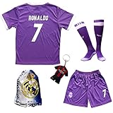 2016 / 2017レアルマドリードCristiano Ronaldo # 7 AwayパープルFootball Soccer Kids Jersey & Short & Sock &サッカーバッグ