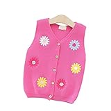 子供服 ニットベスト ノースリーブ ニット ベスト セーター カーディガン Vネック キッズ 子供 女の子 女児 花刺繍 90-130cm ローズレッド