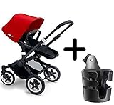 Bugaboo 2015 Buffalo Stroller Complete Set in Black/Red Canvas Fabric Set + Bugaboo Cup Holder by Bu