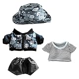 niannyyhouse　20cm人形の服　綿人形の服　クマ柄ハットコート　ストライプTシャツ　革パンツ　人形ベビー服　着せ替え　ぬいぐるみ 用 (B)
