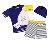 「楽々セレクトショップ」2018年新発売 キッズ 水着 男の子　キャップ付き スイムウェア　セパレート 旅行 キュート　日焼け防止　伸縮性　海辺 温泉 記念写真　85～135cm　３点セット (110