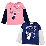 (ピンク/90cm)子供服 女の子 Tシャツ 長袖 ロゴプリント 猫プリント 重ね着風 女児 ベビー