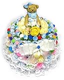 白いレース、お花、カラーボール等を飾したカラフルな円形のおむつケーキ/86ボックスタイプ (ブルー)【ノーブランド品】