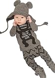 あかね哥 クマ モンスター プリント 長袖 Tシャツ ＆ パンツ 上下 セット アップ 子供 ベビー 服 男の子 ( グレー / ホワイト )
