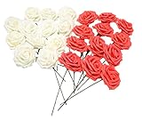 バラ 造花 50個 茎付き 8cm セット 手作り アレンジメント 結婚式 パーティー お祝い に (オフホワイト×赤)