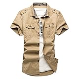 Gaosa ファション カジュアル 襟付き シャツ メンズ コットン トップス ワイシャツ 春 夏 秋 半袖 無地 大きいサイズ (褐色, XL)