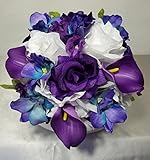 パープルホワイトローズカラーリリー柄Orchidブライダルブーケ&ブートニア 12" Bouquet