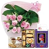 花とスイーツ ギフトセット エレガント ピンク バラ 花束 と 赤い帽子 パープル 写真入り・名入れメッセージカード