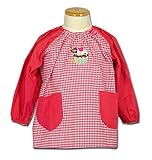 子供用 幼児用 スモック ギンガムチェック柄 アップリケ 幼稚園 保育園 キッズ用 (100, ケーキ・レッド)