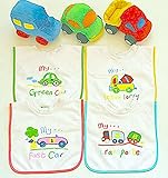 エプロン お食事エプロン プルオーバービブのりもの柄4枚組み&のりものラトル くるま・ きしゃ・ダンプカー3個付き のりものだいすきギフトセット