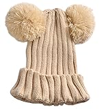 Plus Nao(プラスナオ) 子供用 ニット帽 ニットキャップ 帽子 ポンポン付き ボンボン付き ワッチ ビーニー リブニット 防寒 寒さ対策 暖かい ワンサイズ ベージュ