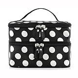 LUXWELL（ラクスウェル） コスメボックス メイク用品収納 化粧品ボックス 水玉ドットバニティーケース 小物入れ 大容量 ミラー付き 2段タイプ 携帯に便利 (ブラック)