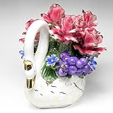 イタリア製 バラ 陶花 スワン 薔薇 と 白鳥 陶器 ハンドメイド オブジェ ローズ アレンジメント cog-851