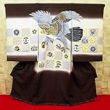 【鷹・市松紋様・縁起物・こげ茶】 男児　初着　祝着 のしめ 産着 男の子のお宮参り着物 高級 フードセットプレゼント付