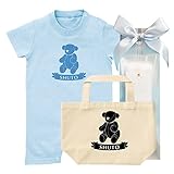 出産祝い 名入れ ギフトセット / ショート ロンパース & トートバッグ [GP387] 80cm [Rom]ライトブルー×ブルーロゴ 出産祝い 誕生日 プレゼント おしゃれな 名前入り ギフト