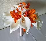 オレンジOrchidリアルタッチカラーリリー柄ブライダルウェディングブーケ&ブートニア 12" Bouquet オレンジ