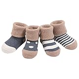 4ペア　赤ちゃん着　冬着靴下　ウォーマー　暖かい　厚い　テリーコットンストライプドットソックス　デニムブルーｘｓサイズ