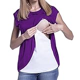 授乳Tシャツ Hosam マタニティウェア Tシャツ 授乳服 半袖 夏用 おしゃれ 無地 授乳 産前 産後 妊婦 (M, パープル)