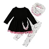 Tovadoo 子供服 ベビー服 女の子 トップス+ズボン+マフラー 秋冬 長袖 ワンピース タッセル 鹿柄 1-5歳 保育園 旅行 プレゼント
