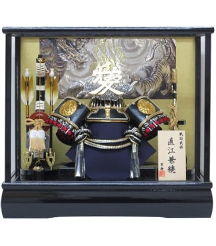 直江兼続上杉謙信五月人形兜飾りガラスケース入