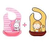 LONGPRO ベビー 動物柄 よだれかけ 子ども キッズ おしゃれ 防水 受け皿 ポケット付 取り外し可能 水洗い可 肌に優しい サイズ調整 お食事用 男の子 女の子 ウサギ＋サル 2点セット