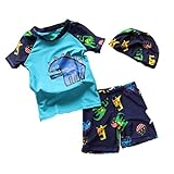 子供 男の子 水着 ３点セット 上下 帽子付き 半袖 恐竜柄 ノーブランド品 (105-115cm, ブルー)