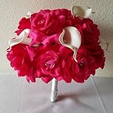 フクシアラインストーンローズカラーリリー柄ブライダルウェディングブーケ&ブートニア 12" Bouquet